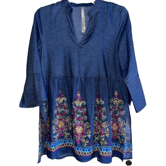 Anthropologie Uncle Frank Blue Denim Embroidered BOHO Split Neck Peasant Top SM - Picture 3 of 13